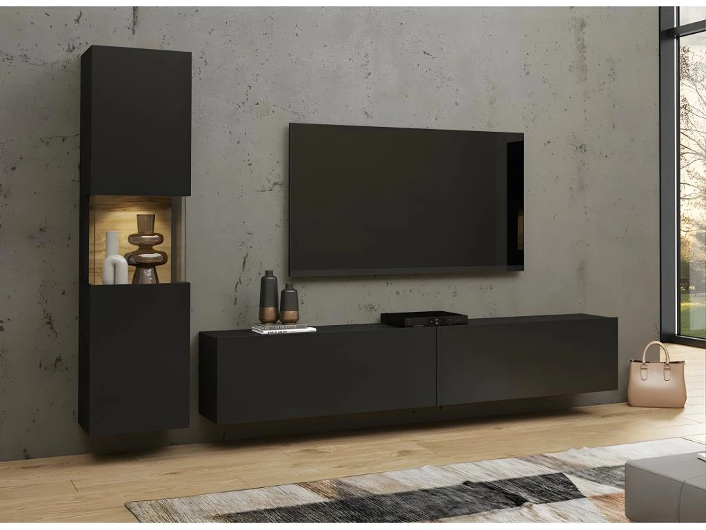 Ensemble Meuble TV Et Vitrine Collection EVA. Couleur Noir Et Chêne. – Image 3