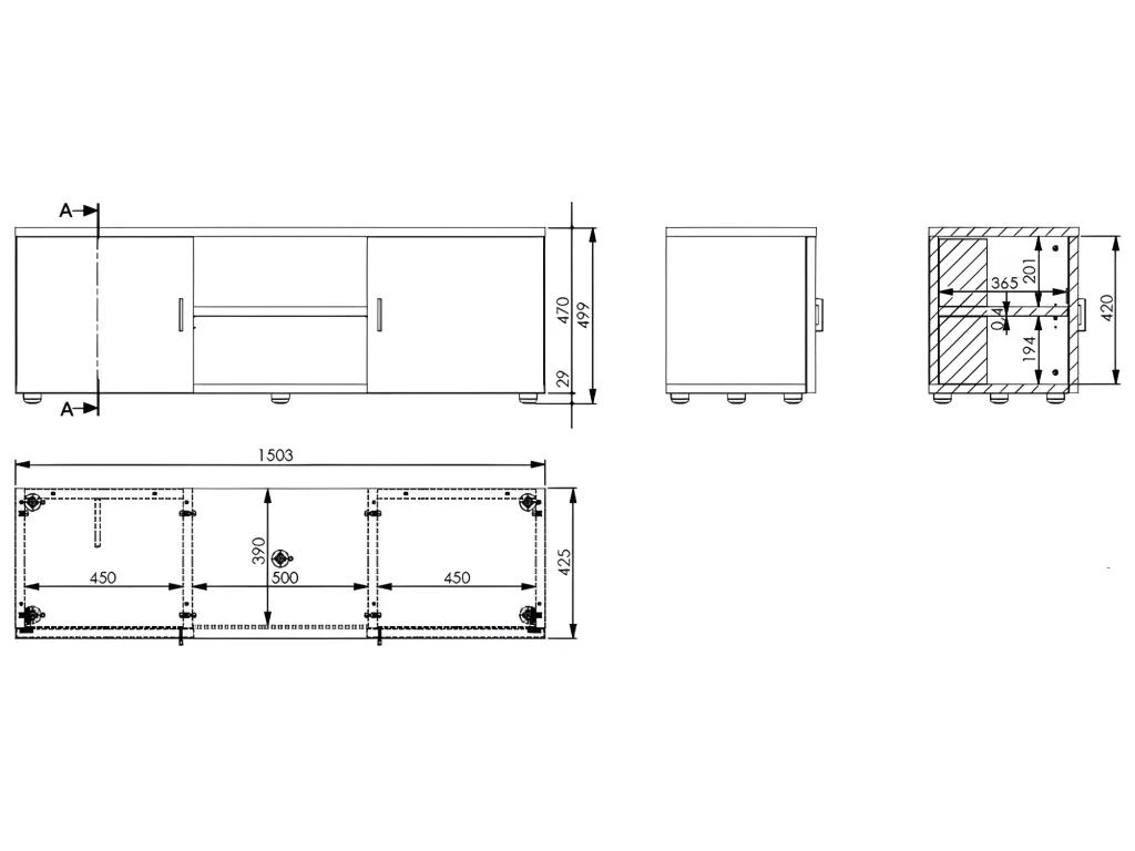 Meuble TV 150 Cm 65 Pouces Maxi 2 Portes - Coloris: Hêtre – Image 3