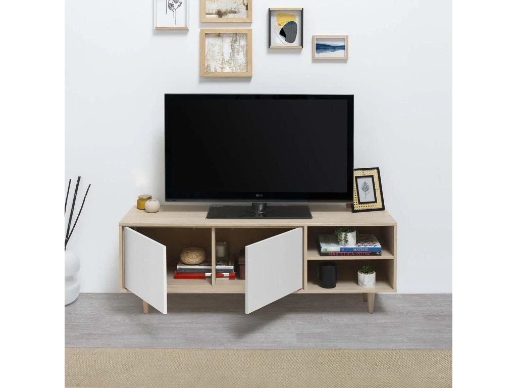 Meuble TV Denia 2 Portes Et 2 Niches Couleur Chêne/Blanc, 140cm (Largeur) – Image 5