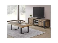 KORA - Meuble TV 2 Portes Aspect Bois Et Métal Poudré Noir