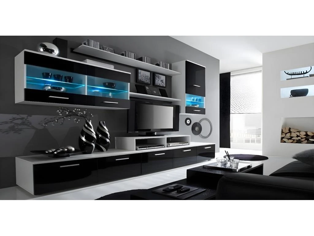 Ensemble De Meubles De Salon,TV, Ilumin.LED, Blanc Mate/Noir Laque, 250x194x42cm