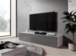 FURNIX Meuble Tv Debout / Suspendu Zibo 160 Cm Blanc Mat / Gris Brillant Style Moderne Avec Compartiments Fermés
