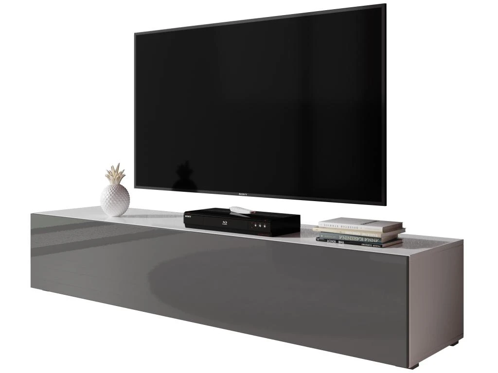 FURNIX Meuble Tv Debout / Suspendu Zibo 160 Cm Blanc Mat / Gris Brillant Style Moderne Avec Compartiments Fermés – Image 2