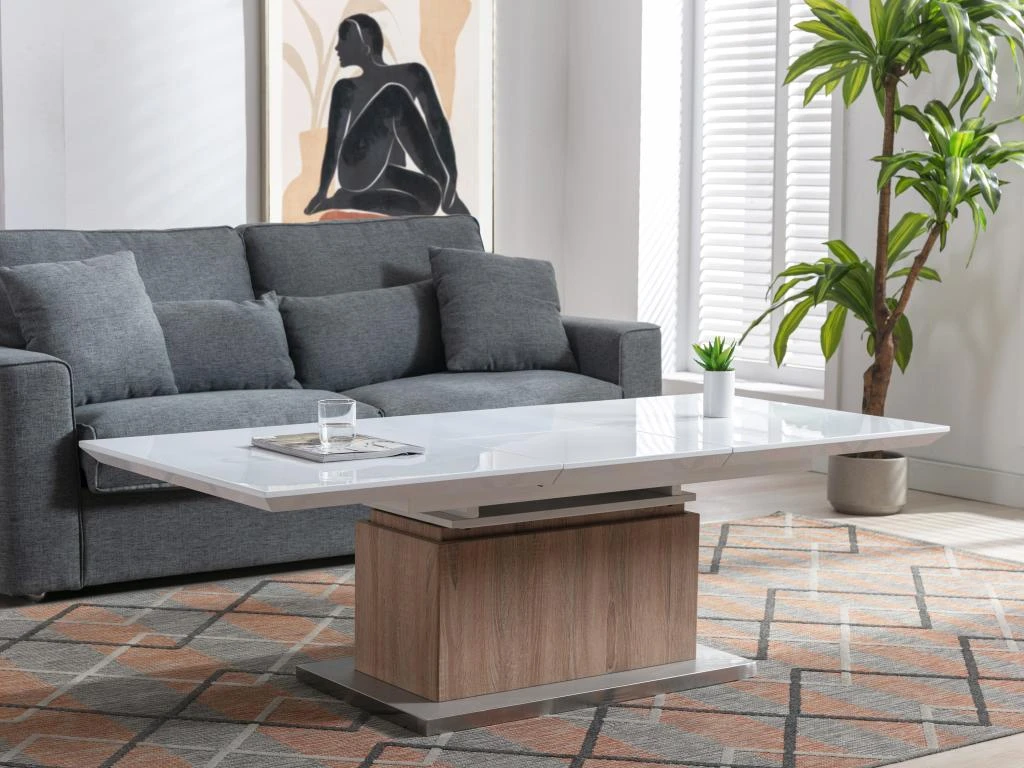 Table Extensible Et Relevable 2 En 1 - MDF Et Acier Inoxydable - Naturel Et Blanc - CAPANI – Image 8