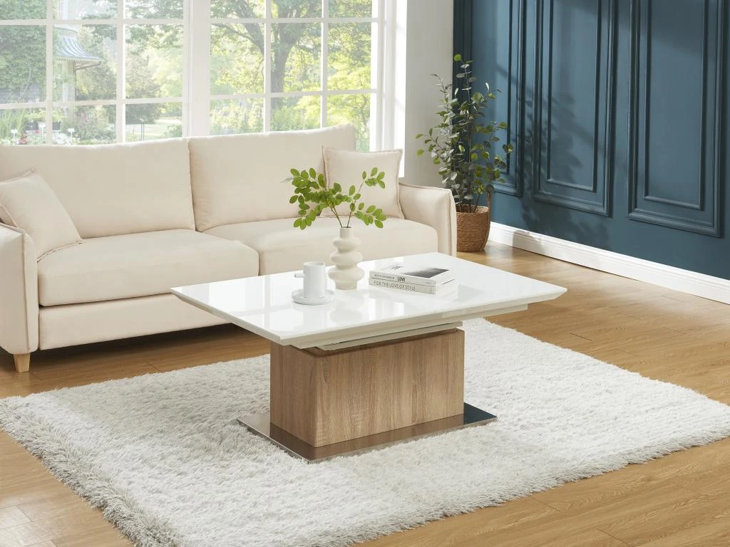 Table Extensible Et Relevable 2 En 1 - MDF Et Acier Inoxydable - Naturel Et Blanc - CAPANI