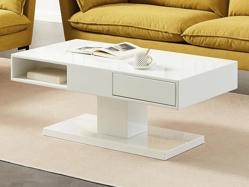 Table Basse Avec Plateau Pivotant, 2 Tiroirs Et 2 Niches - MDF - Blanc Laqué - ILYA – Image 2