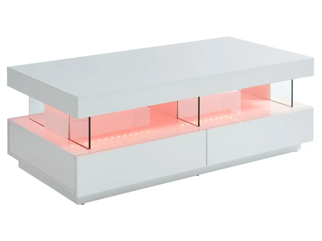 Table Basse 2 Tiroirs Et 2 Niches Avec LEDs - MDF Et Verre Trempé - Blanc Laqué - FABIO II – Image 3