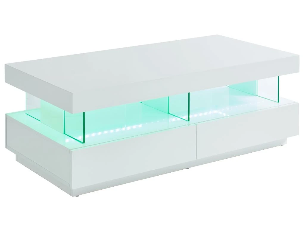 Table Basse 2 Tiroirs Et 2 Niches Avec LEDs - MDF Et Verre Trempé - Blanc Laqué - FABIO II – Image 4