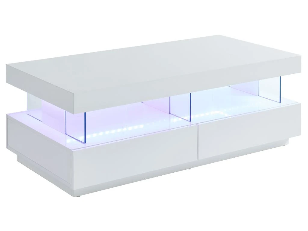 Table Basse 2 Tiroirs Et 2 Niches Avec LEDs - MDF Et Verre Trempé - Blanc Laqué - FABIO II – Image 2