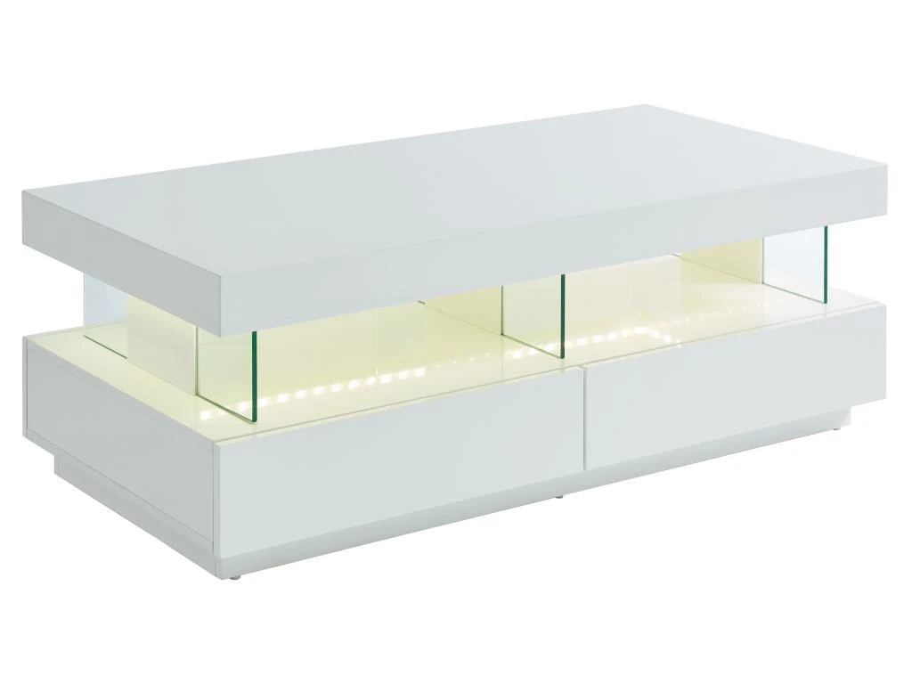 Table Basse 2 Tiroirs Et 2 Niches Avec LEDs - MDF Et Verre Trempé - Blanc Laqué - FABIO II – Image 6