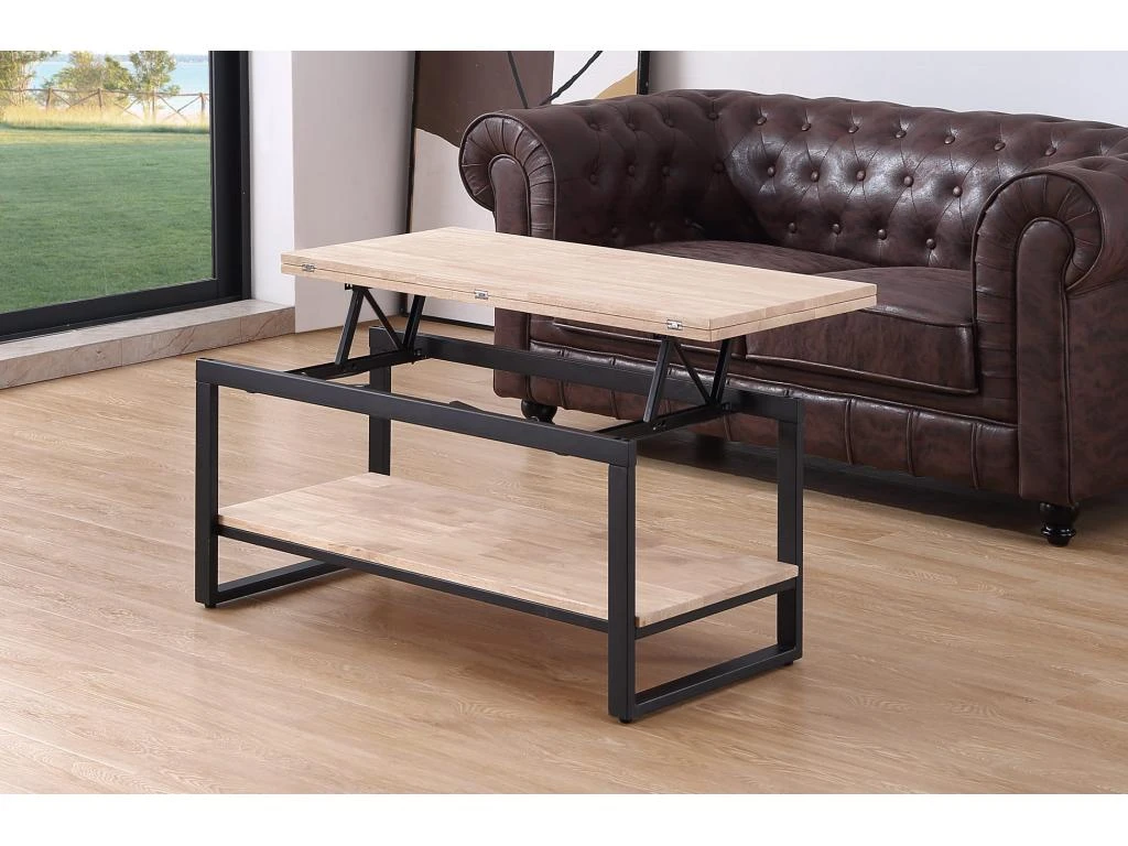 Table Basse Relevable Et Extensible En Bois De Chêne Avec Pieds En Métal Noir-Longueur 100 X Profondeur 45-90 X Hauteur 47-62 Cm – Image 3