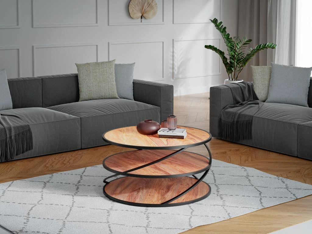 Table Basse Triple Plateau - Bois De Sheesham Et Métal - Naturel Et Noir - CATALENA