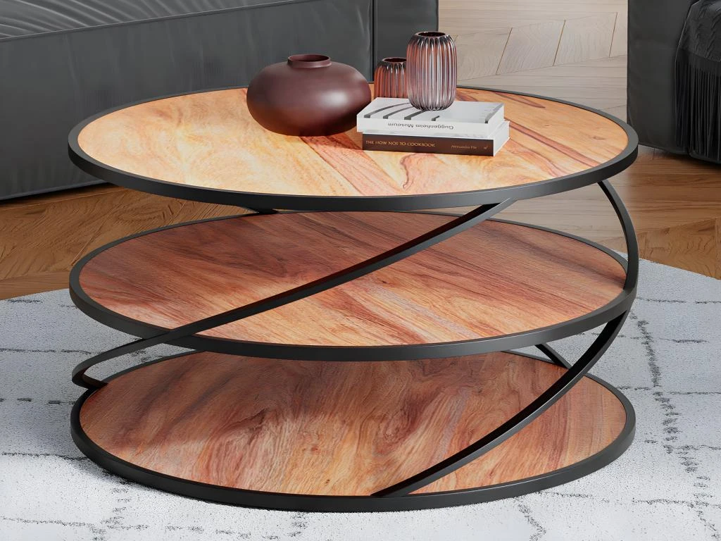 Table Basse Triple Plateau - Bois De Sheesham Et Métal - Naturel Et Noir - CATALENA – Image 2