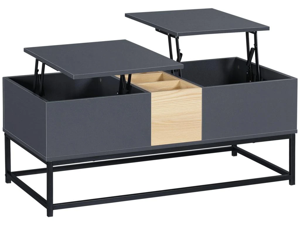 Table Basse Relevable Double Plateau Multi-rangement - Dim. 100L X 50l X 42H Cm - Acier Panneaux Coloris Pin Gris – Image 2