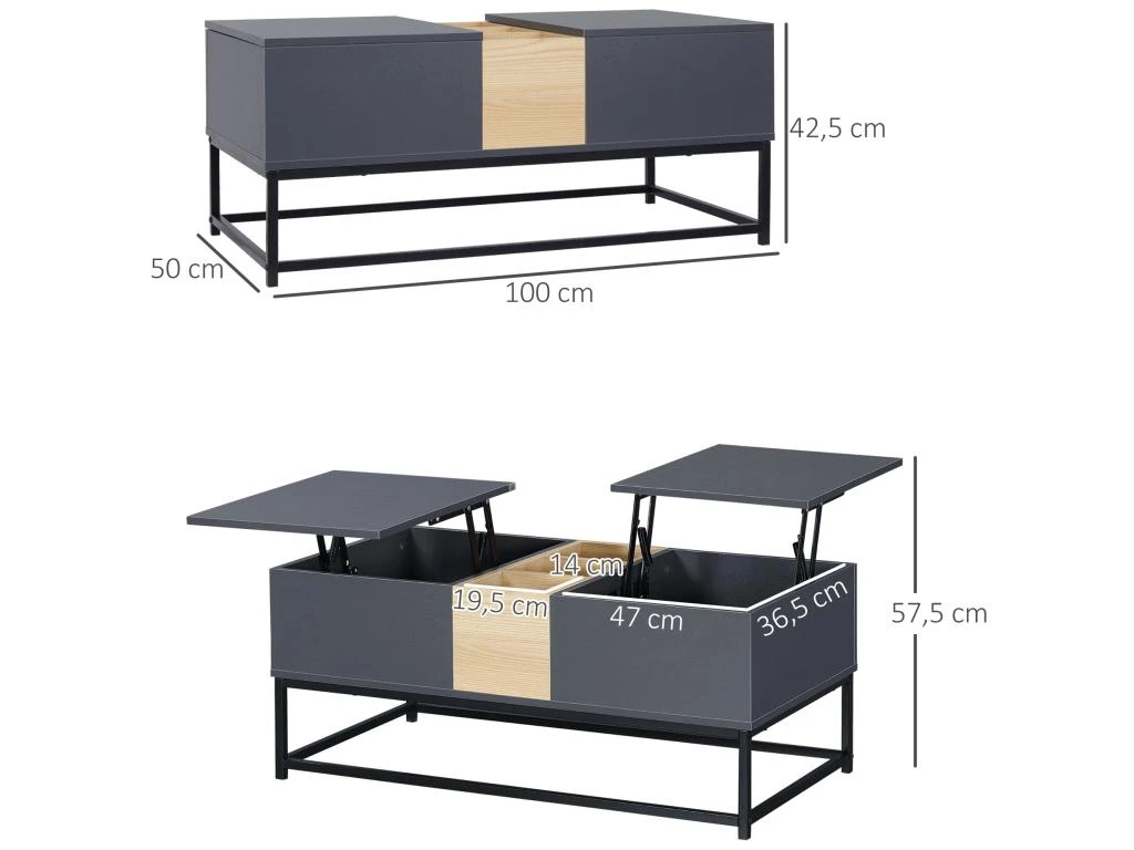 Table Basse Relevable Double Plateau Multi-rangement - Dim. 100L X 50l X 42H Cm - Acier Panneaux Coloris Pin Gris – Image 3
