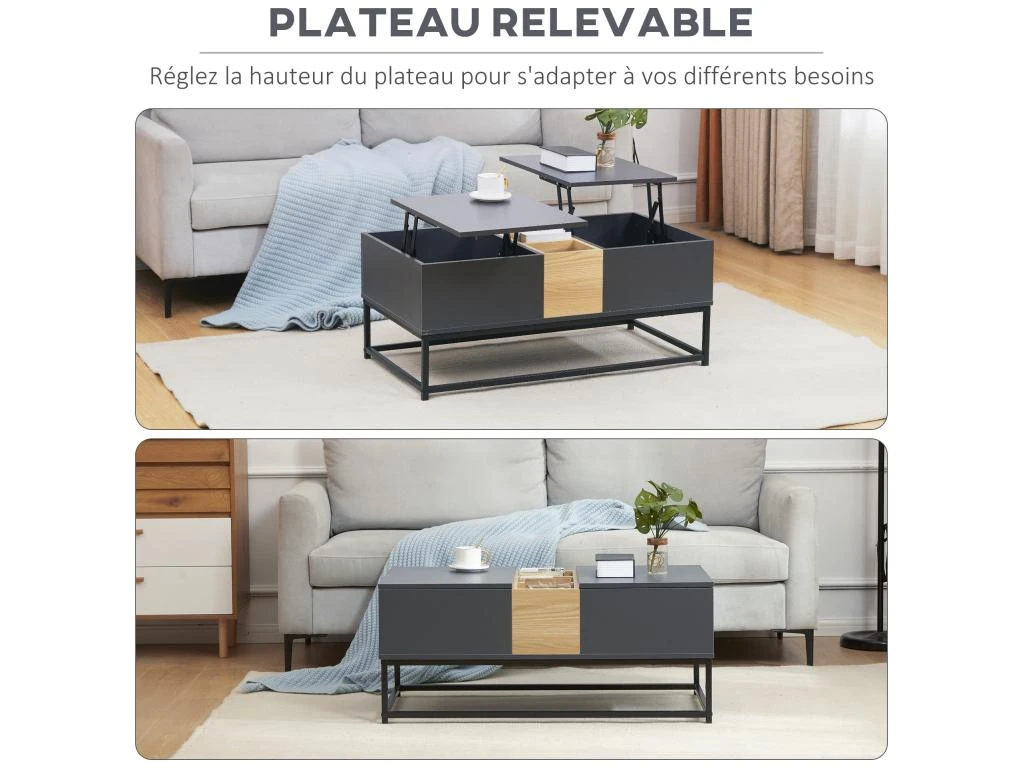 Table Basse Relevable Double Plateau Multi-rangement - Dim. 100L X 50l X 42H Cm - Acier Panneaux Coloris Pin Gris – Image 5
