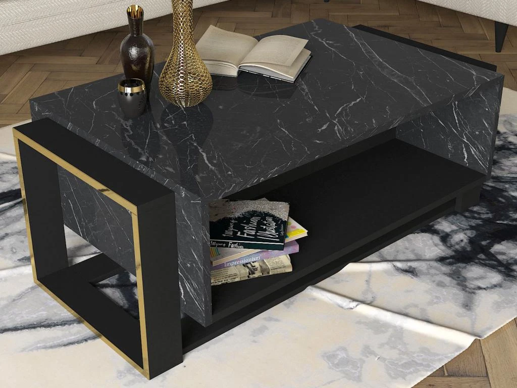 Table Basse Avec 1 Niche - Effet Marbre Noir Et Doré - COMEBI – Image 2