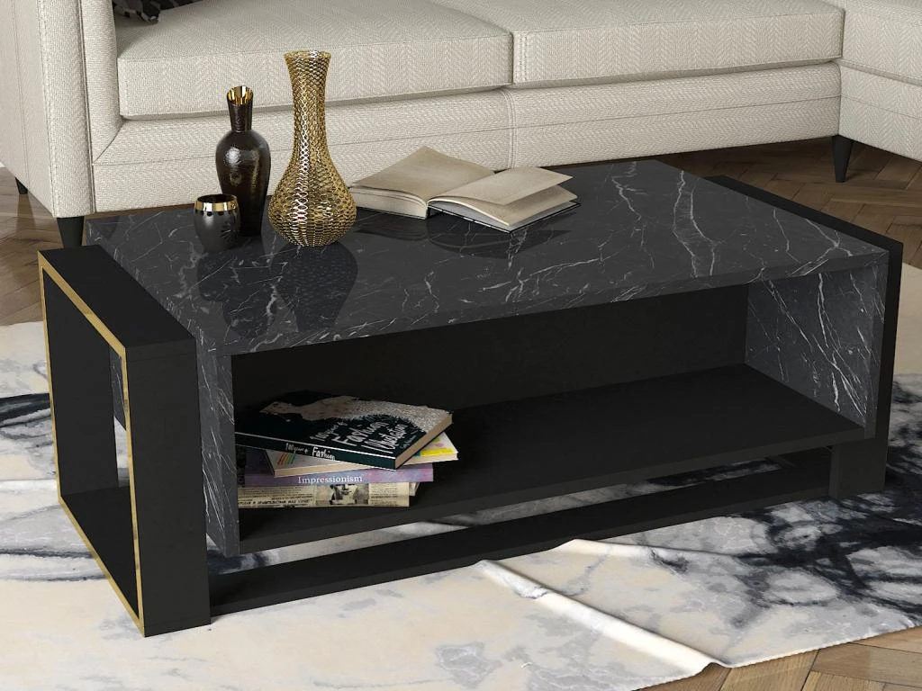 Table Basse Avec 1 Niche - Effet Marbre Noir Et Doré - COMEBI