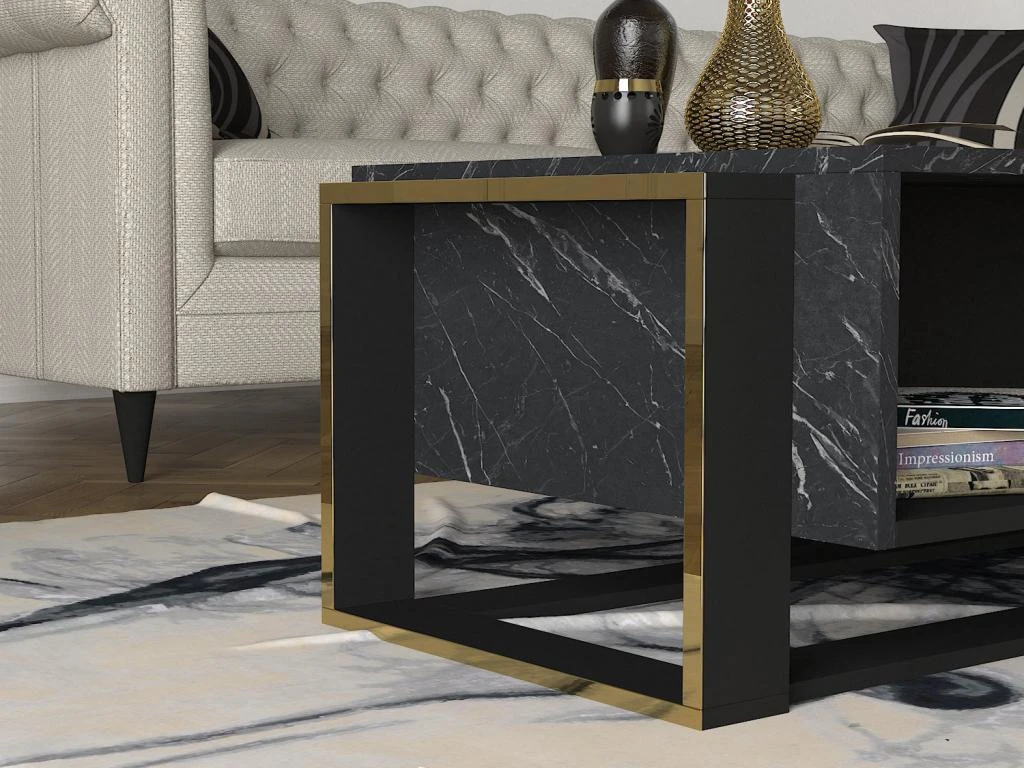 Table Basse Avec 1 Niche - Effet Marbre Noir Et Doré - COMEBI – Image 3
