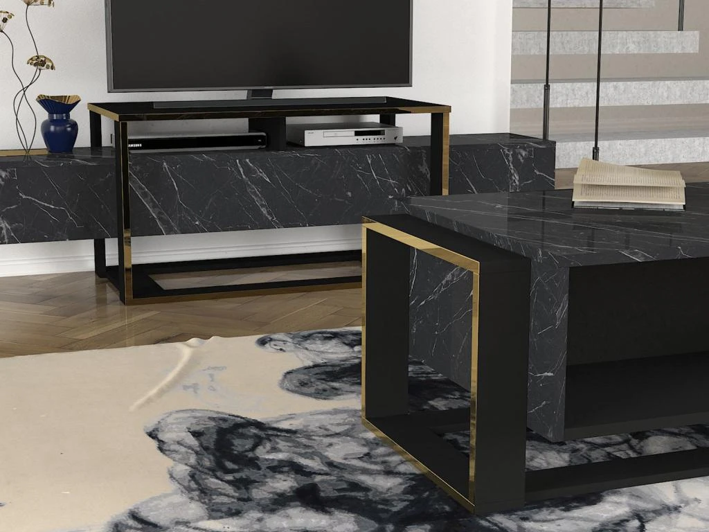 Table Basse Avec 1 Niche - Effet Marbre Noir Et Doré - COMEBI – Image 6
