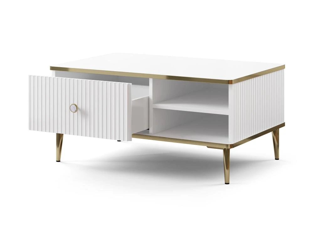 Table Basse Avec 1 Tiroir Et 2 Niches En MDF Et Acier - Blanc Et Doré - SINEAD De Pascal MORABITO – Image 4