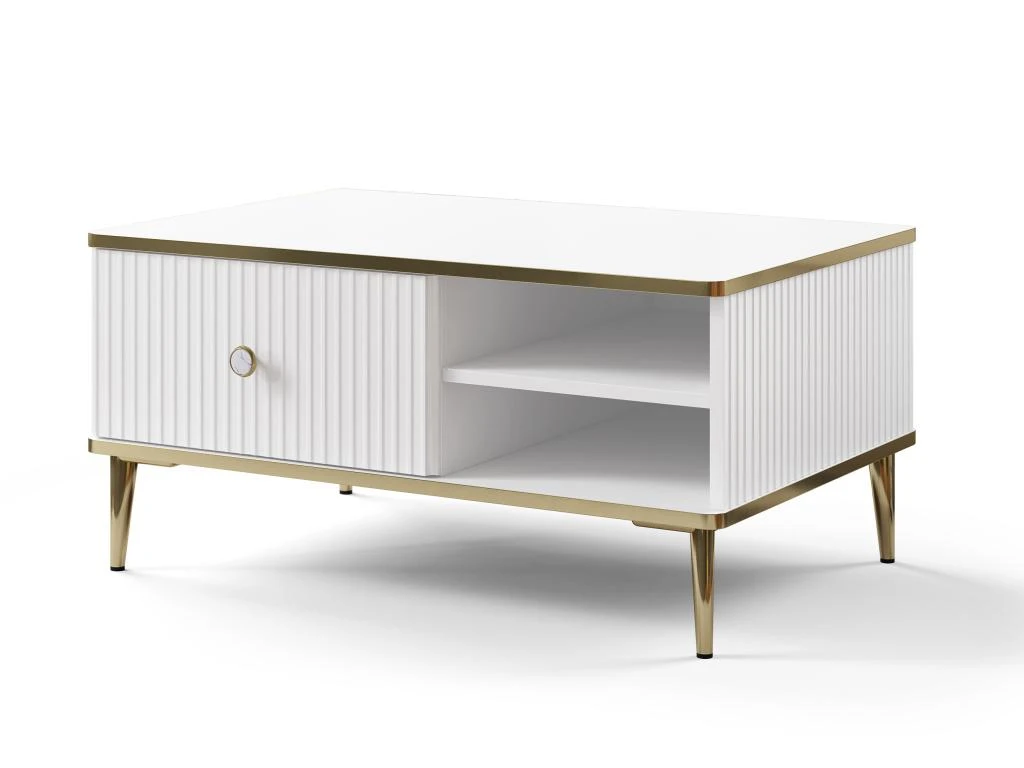 Table Basse Avec 1 Tiroir Et 2 Niches En MDF Et Acier - Blanc Et Doré - SINEAD De Pascal MORABITO – Image 3