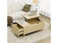 Table Basse Relevable Design Scandinave - Tiroir, Coffre Interne - Acier Piètement Bois Pin Panneaux Aspect Chêne Clair