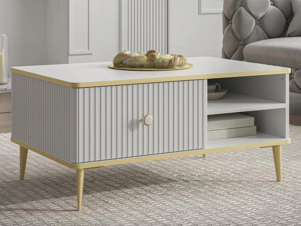 Table Basse Avec 1 Tiroir Et 2 Niches En MDF Et Acier - Blanc Et Doré - SINEAD De Pascal MORABITO – Image 2