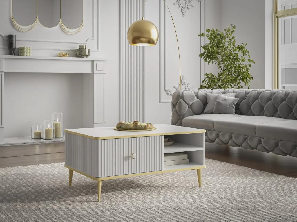 Table Basse Avec 1 Tiroir Et 2 Niches En MDF Et Acier - Blanc Et Doré - SINEAD De Pascal MORABITO