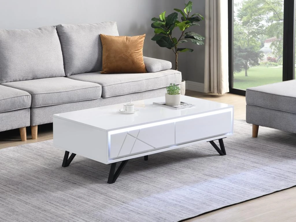 Table Basse 2 Tiroirs Avec LEDs En MDF - Blanc Laqué - SALIANO