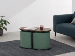 Table Basse + 2 Poufs En Tissu - Naturel Et Vert - ADAR
