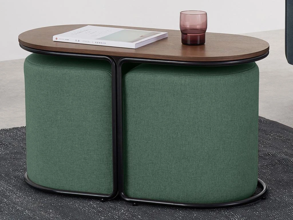 Table Basse + 2 Poufs En Tissu - Naturel Et Vert - ADAR – Image 2