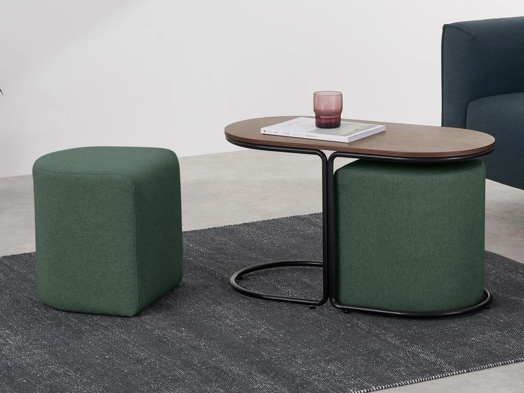 Table Basse + 2 Poufs En Tissu - Naturel Et Vert - ADAR – Image 3