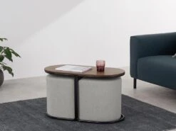 Table Basse + 2 Poufs En Tissu - Naturel Et Gris - ADAR