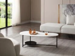 Table Basse Avec 1 étagère - Céramique, Verre Et Métal - Effet Marbre Blanc Et Noir - MURIENA