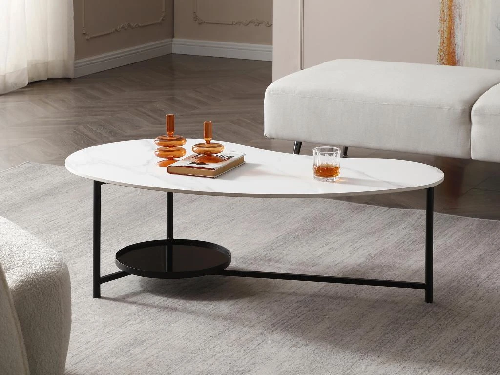 Table Basse Avec 1 étagère - Céramique, Verre Et Métal - Effet Marbre Blanc Et Noir - MURIENA – Image 2