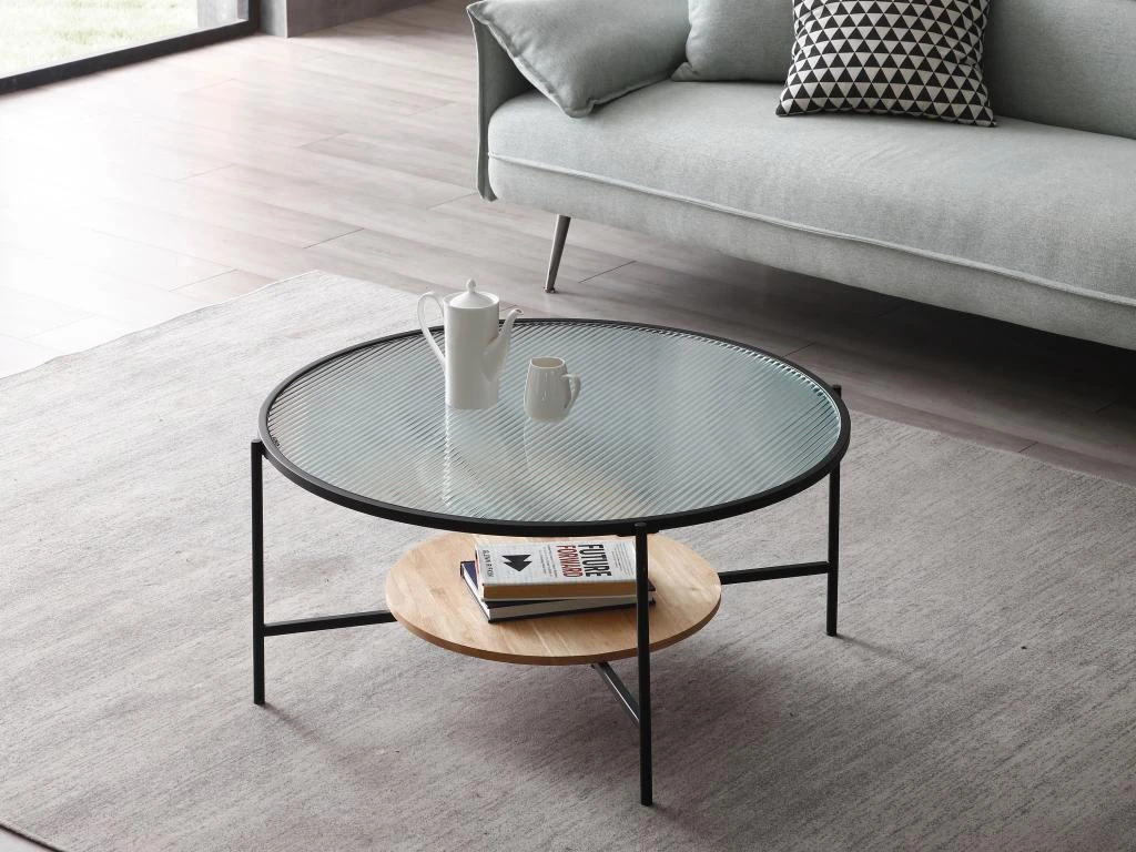 Table Basse Avec 1 étagère - Verre, Bois D'hévéa Et Métal - Naturel Et Noir - MUNITA