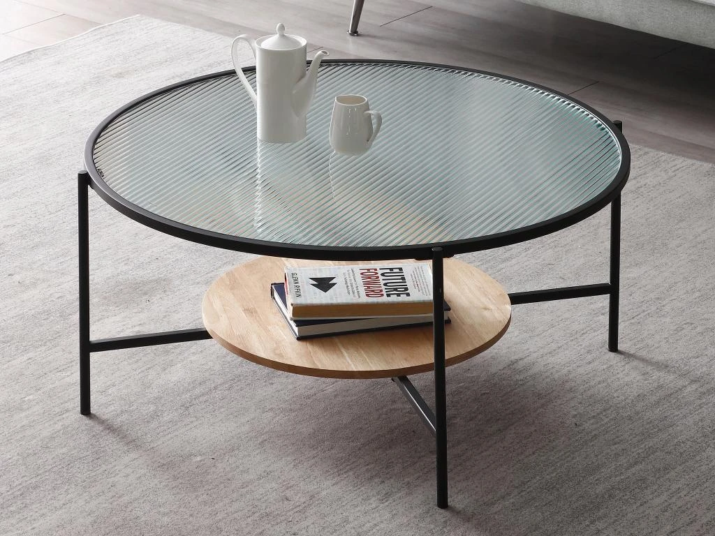 Table Basse Avec 1 étagère - Verre, Bois D'hévéa Et Métal - Naturel Et Noir - MUNITA – Image 2