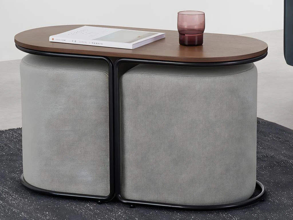 Table Basse + 2 Poufs En Tissu - Naturel Et Gris - ADAR – Image 2