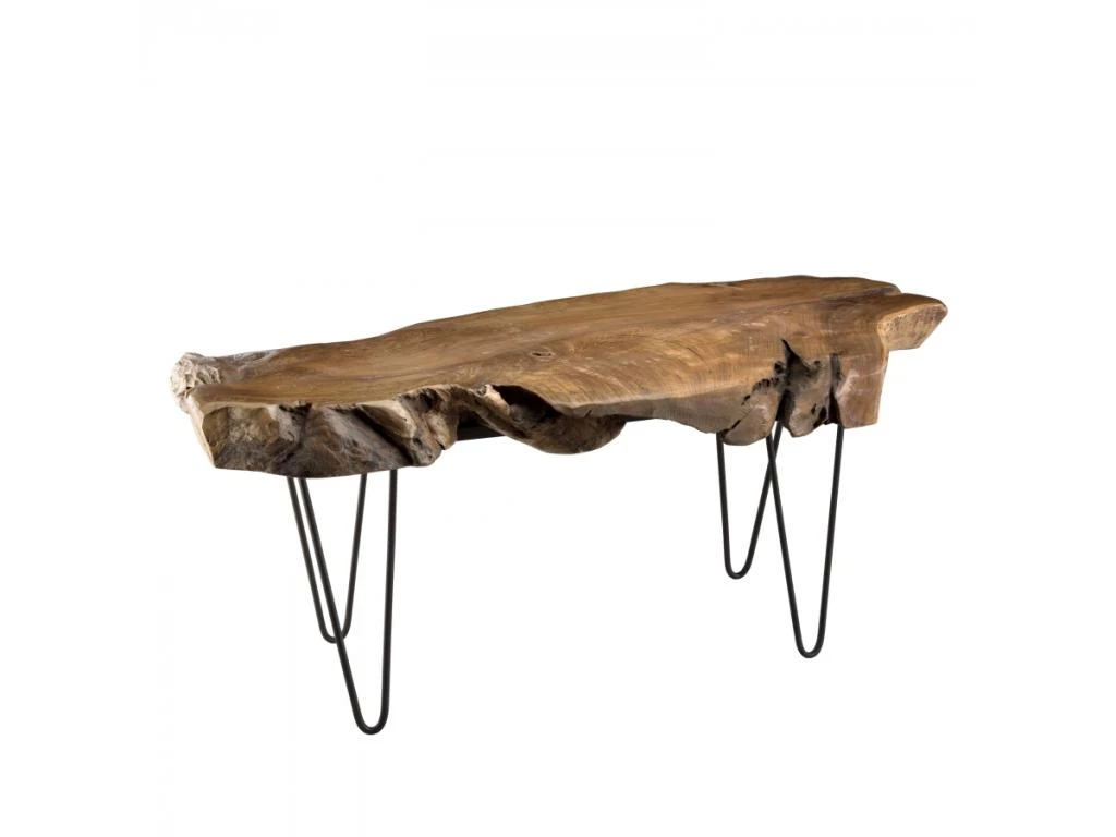 LALY - Table Basse Marron Forme Naturelle Bois Teck Pieds épingles Scandi Métal Noir – Image 2