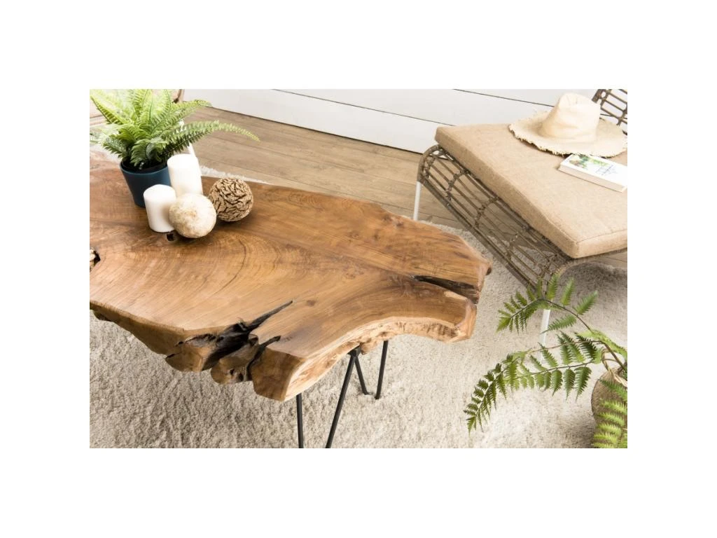 LALY - Table Basse Marron Forme Naturelle Bois Teck Pieds épingles Scandi Métal Noir – Image 3