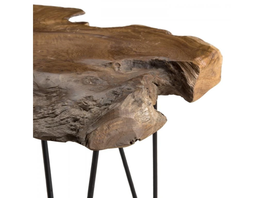 LALY - Table Basse Marron Forme Naturelle Bois Teck Pieds épingles Scandi Métal Noir – Image 4