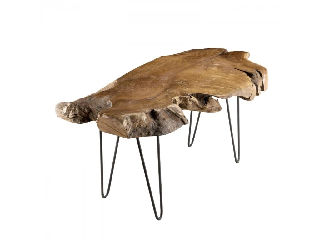 LALY - Table Basse Marron Forme Naturelle Bois Teck Pieds épingles Scandi Métal Noir – Image 5