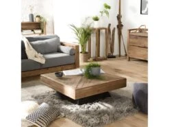 ANDRIAN - Table Basse Carrée Marron 99.5x99.5cm Bois Pin Recyclé Piètement Noir