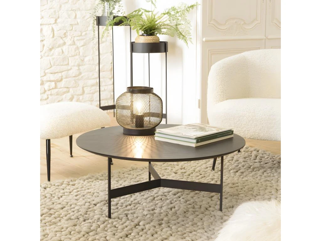 DALY - Table Basse Ronde Noire 78x78cm Piètement Métal