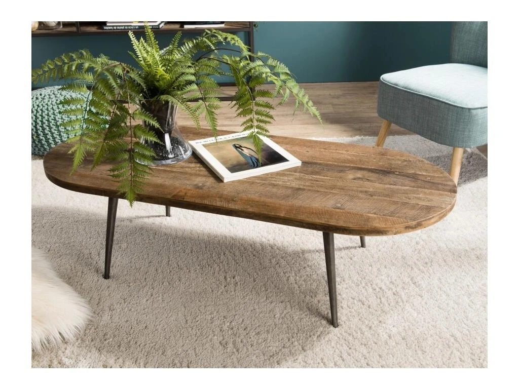 ALIDA - Table Basse Marron Ovale Teck Recyclé Pieds Métal