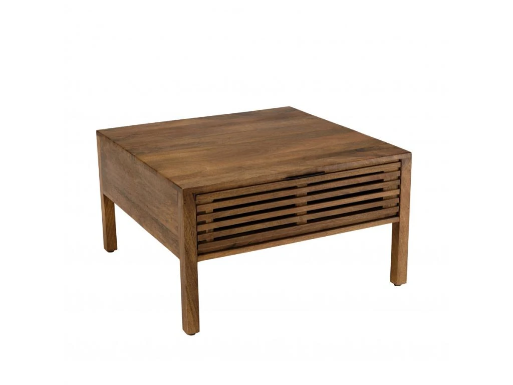 ALIX - Table Basse Carrée 70x70cm En Bois De Manguier 2 Tiroirs Ajourés – Image 2