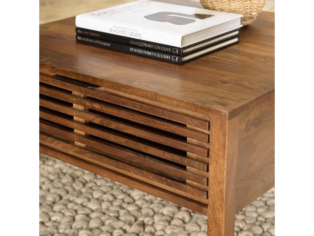 ALIX - Table Basse Carrée 70x70cm En Bois De Manguier 2 Tiroirs Ajourés – Image 3