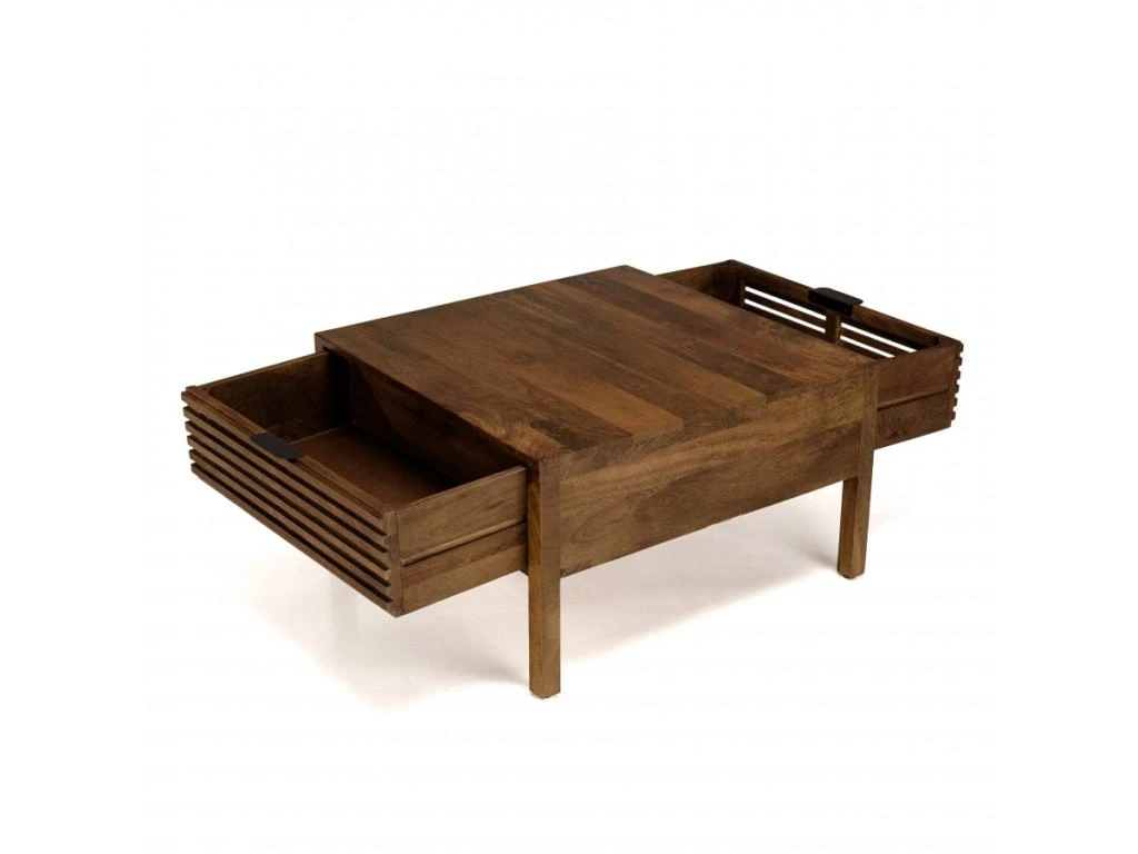 ALIX - Table Basse Carrée 70x70cm En Bois De Manguier 2 Tiroirs Ajourés – Image 4