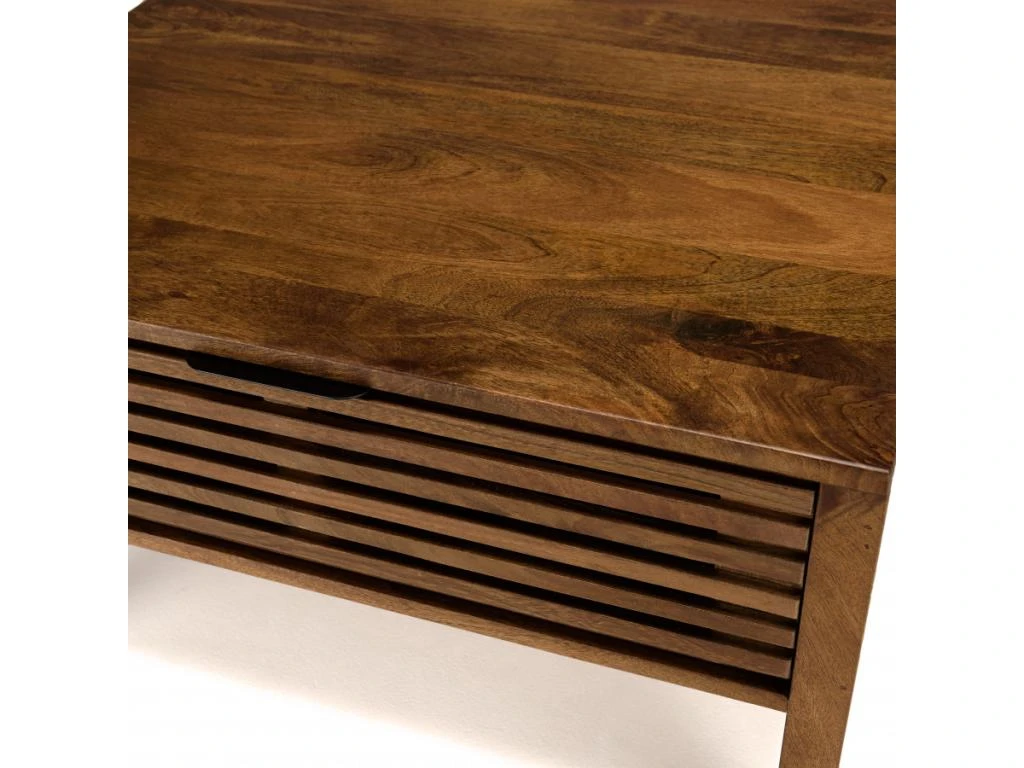 ALIX - Table Basse Carrée 70x70cm En Bois De Manguier 2 Tiroirs Ajourés – Image 5